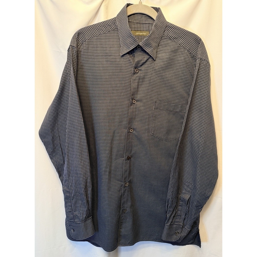 Ermenegildo Zegna Men's Large Navy Grid Check Long Sleeve Dress Shirt Italian